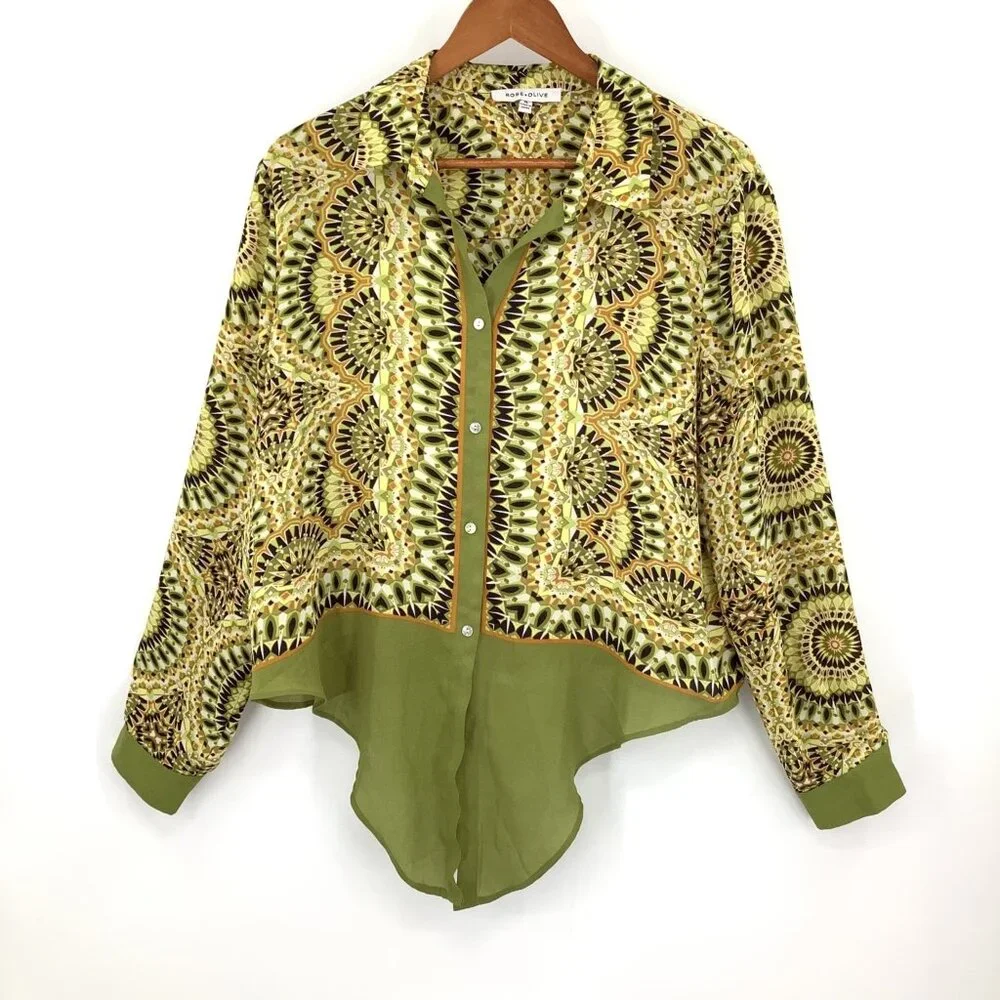 ROSE + OLIVE Top Women's XL Green Multi-Color Geometric Tie Front Blouse - Picture 5 of 5